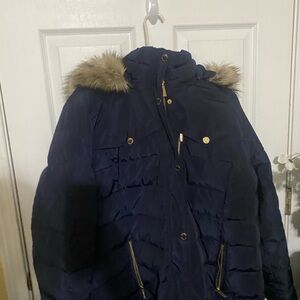 Michael Kors Navy Puffer Coat with Faux Fur Hood Trim